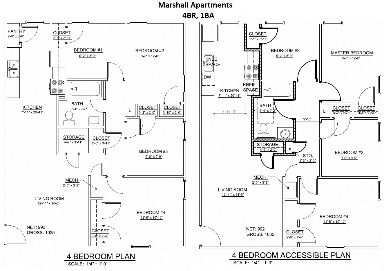 Floor plan for 4 beds, 1 bath, 959 sqft
